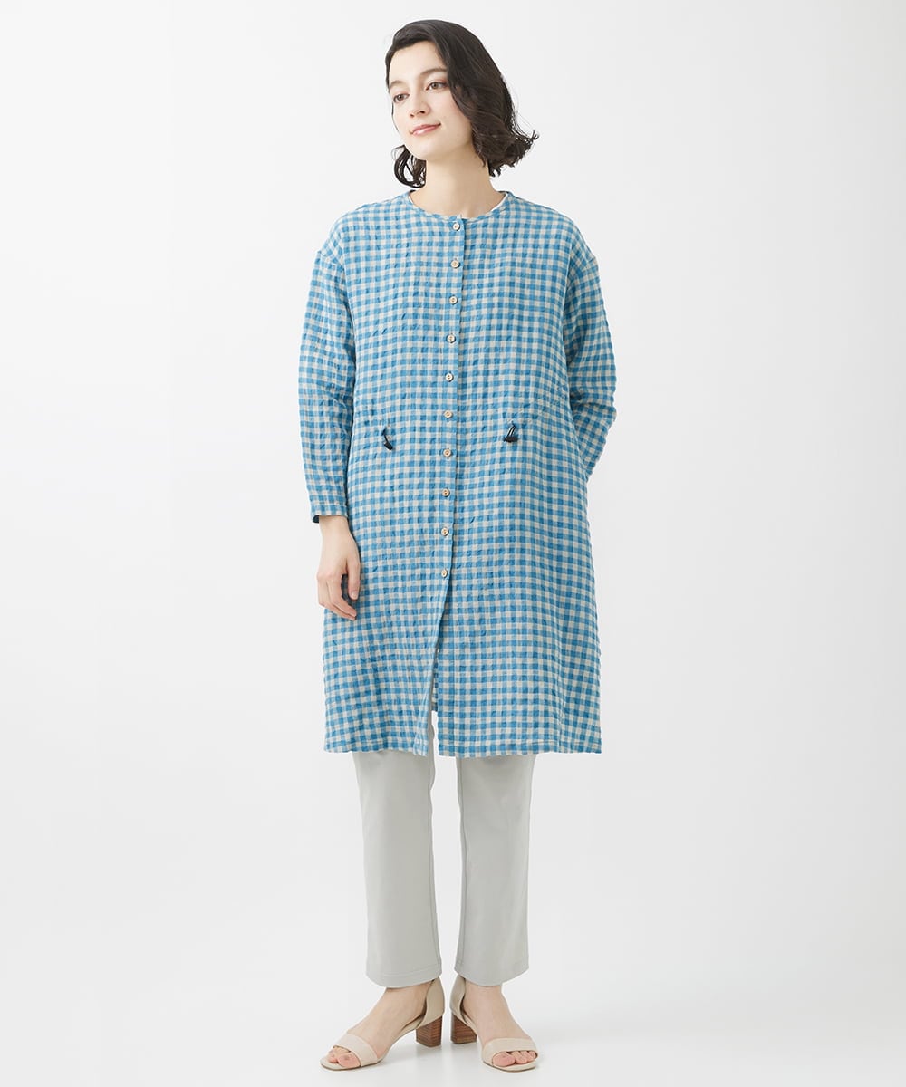 NHBHW04330 GIANNI LO GIUDICE(小さいサイズ)(メゾン ドゥ サンク) 先染めギンガムチェック綿麻ロングブラウス ブルー