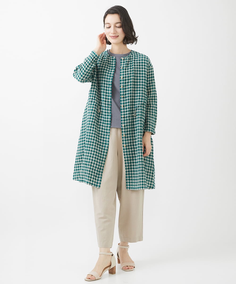 NHBHW04330 GIANNI LO GIUDICE(小さいサイズ)(メゾン ドゥ サンク) 先染めギンガムチェック綿麻ロングブラウス ブルー