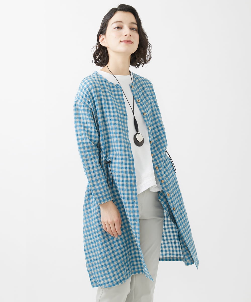 NHBHW04330 GIANNI LO GIUDICE(小さいサイズ)(メゾン ドゥ サンク) 先染めギンガムチェック綿麻ロングブラウス ブルー