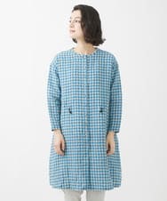 NHBHW04330 GIANNI LO GIUDICE(小さいサイズ)(メゾン ドゥ サンク) 先染めギンガムチェック綿麻ロングブラウス ブルー