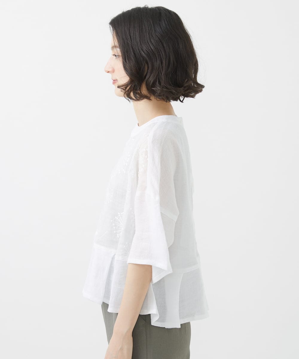 NHBHW06230 GIANNI LO GIUDICE(小さいサイズ)(メゾン ドゥ サンク) ウォッシャブルリネン刺繍半袖ブラウス ホワイト