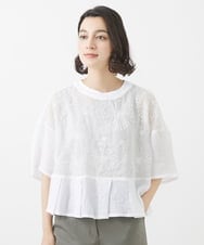 NHBHW06230 GIANNI LO GIUDICE(小さいサイズ)(メゾン ドゥ サンク) ウォッシャブルリネン刺繍半袖ブラウス ホワイト