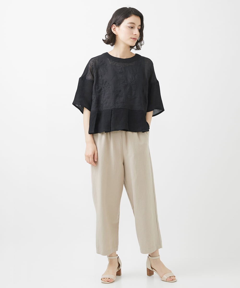 NHBHW06230 GIANNI LO GIUDICE(小さいサイズ)(メゾン ドゥ サンク) ウォッシャブルリネン刺繍半袖ブラウス ホワイト
