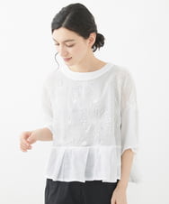 NHBHW06230 GIANNI LO GIUDICE(小さいサイズ)(メゾン ドゥ サンク) ウォッシャブルリネン刺繍半袖ブラウス ホワイト