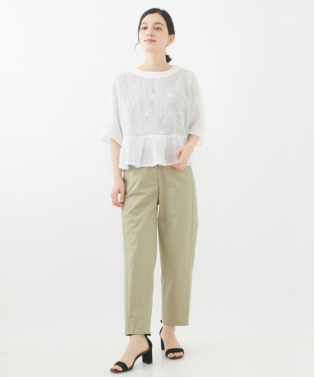 NHBHW06230 GIANNI LO GIUDICE(小さいサイズ)(メゾン ドゥ サンク) ウォッシャブルリネン刺繍半袖ブラウス ホワイト