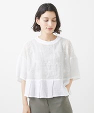 NHBHW06230 GIANNI LO GIUDICE(小さいサイズ)(メゾン ドゥ サンク) ウォッシャブルリネン刺繍半袖ブラウス ホワイト