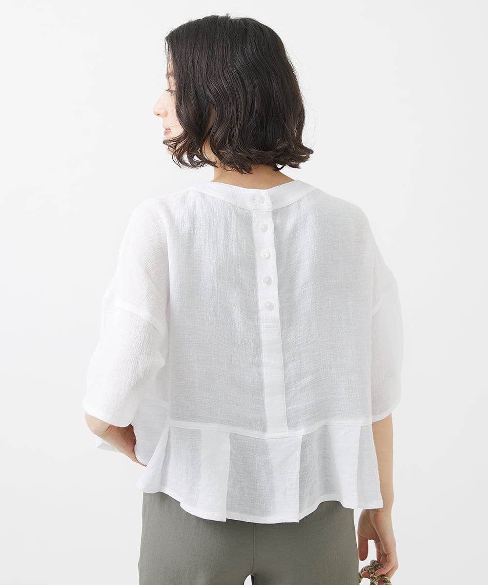NHBHW06230 GIANNI LO GIUDICE(小さいサイズ)(メゾン ドゥ サンク) ウォッシャブルリネン刺繍半袖ブラウス ホワイト