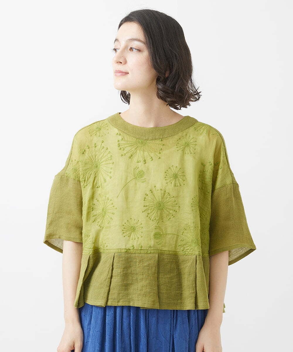 NHBHW06230 GIANNI LO GIUDICE(小さいサイズ)(メゾン ドゥ サンク) ウォッシャブルリネン刺繍半袖ブラウス ホワイト