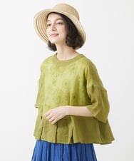 NHBHW06230 GIANNI LO GIUDICE(小さいサイズ)(メゾン ドゥ サンク) ウォッシャブルリネン刺繍半袖ブラウス ホワイト