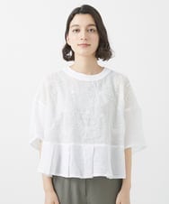 NHBHW06230 GIANNI LO GIUDICE(小さいサイズ)(メゾン ドゥ サンク) ウォッシャブルリネン刺繍半袖ブラウス ホワイト