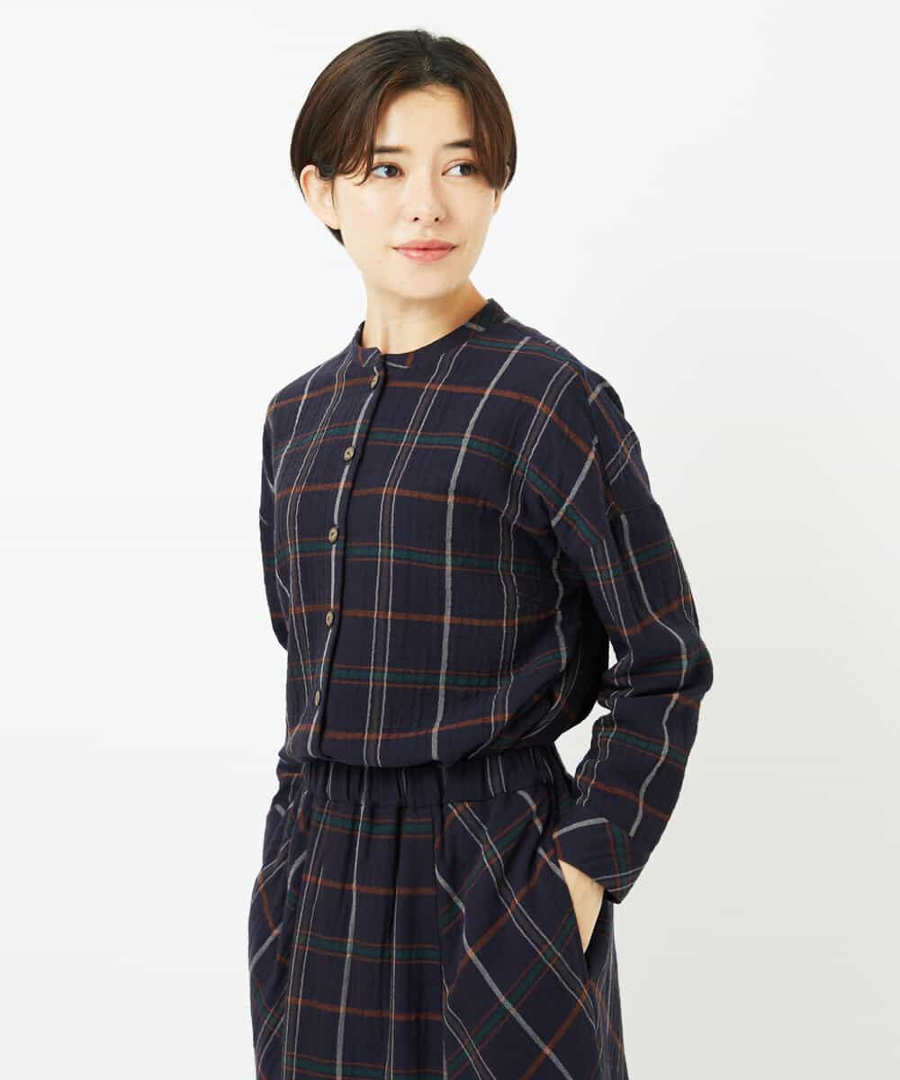 NHBJB22430 GIANNI LO GIUDICE(小さいサイズ)(メゾン ドゥ サンク) [日本製]二重織チェック前開きブラウス ネイビー