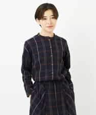 NHBJB22430 GIANNI LO GIUDICE(小さいサイズ)(メゾン ドゥ サンク) [日本製]二重織チェック前開きブラウス ネイビー