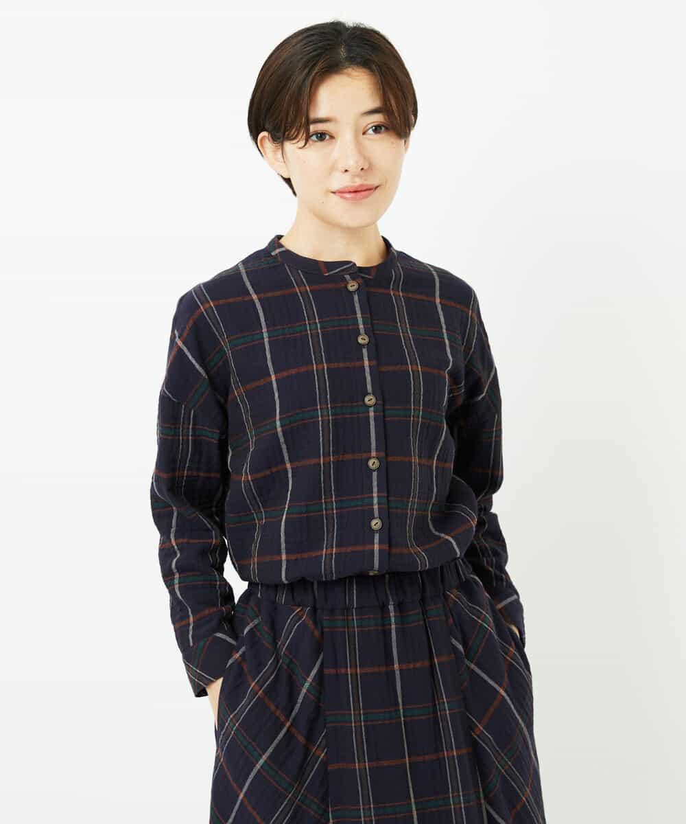 NHBJB22430 GIANNI LO GIUDICE(小さいサイズ)(メゾン ドゥ サンク) [日本製]二重織チェック前開きブラウス ネイビー
