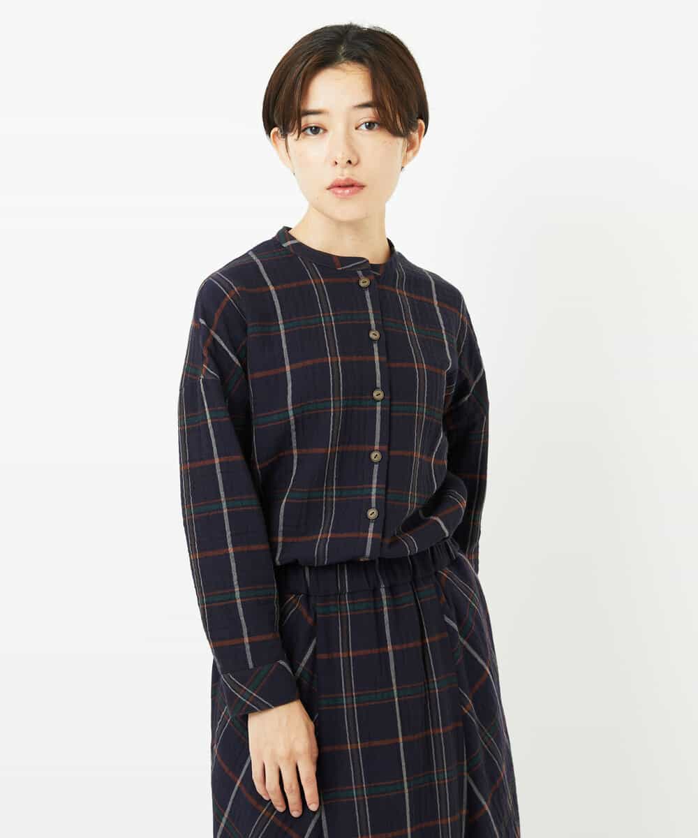 NHBJB22430 GIANNI LO GIUDICE(小さいサイズ)(メゾン ドゥ サンク) [日本製]二重織チェック前開きブラウス ネイビー