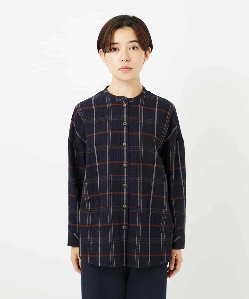 NHBJB22430 GIANNI LO GIUDICE(小さいサイズ)(メゾン ドゥ サンク) [日本製]二重織チェック前開きブラウス ネイビー