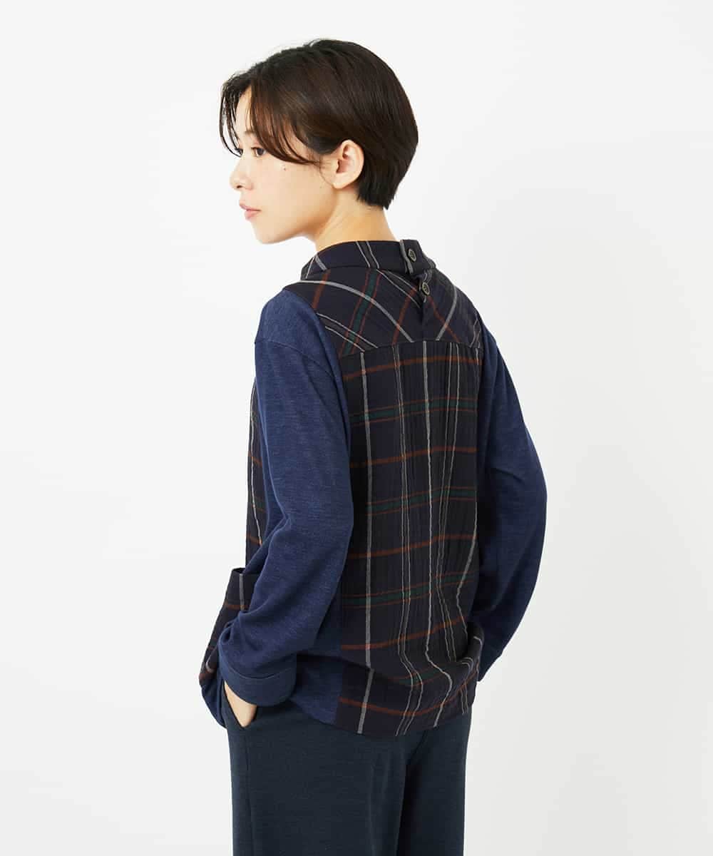 NHBJB23360 GIANNI LO GIUDICE(小さいサイズ)(メゾン ドゥ サンク) [日本製]二重織チェックプルオーバーブラウス ネイビー