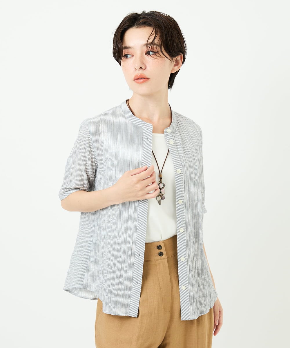 NHBJC81200 GIANNI LO GIUDICE(小さいサイズ)(メゾン ドゥ サンク) オーガニックコットン半袖ブラウス ストライプ