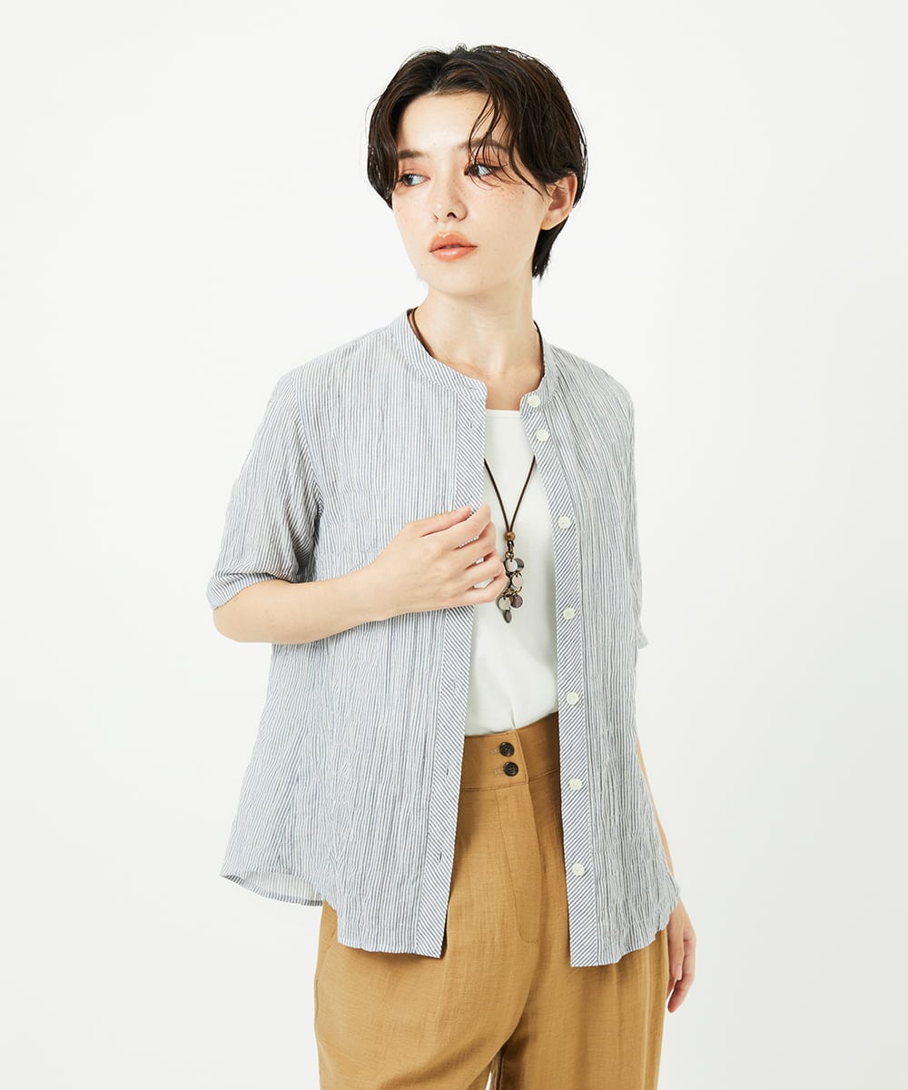 NHBJC81200 GIANNI LO GIUDICE(小さいサイズ)(メゾン ドゥ サンク) オーガニックコットン半袖ブラウス ストライプ