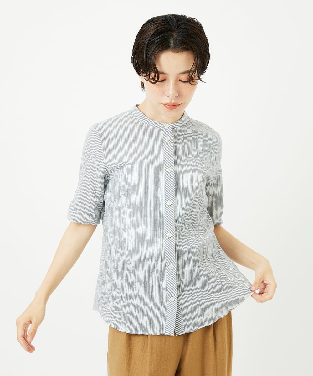 NHBJC81200 GIANNI LO GIUDICE(小さいサイズ)(メゾン ドゥ サンク) オーガニックコットン半袖ブラウス ストライプ