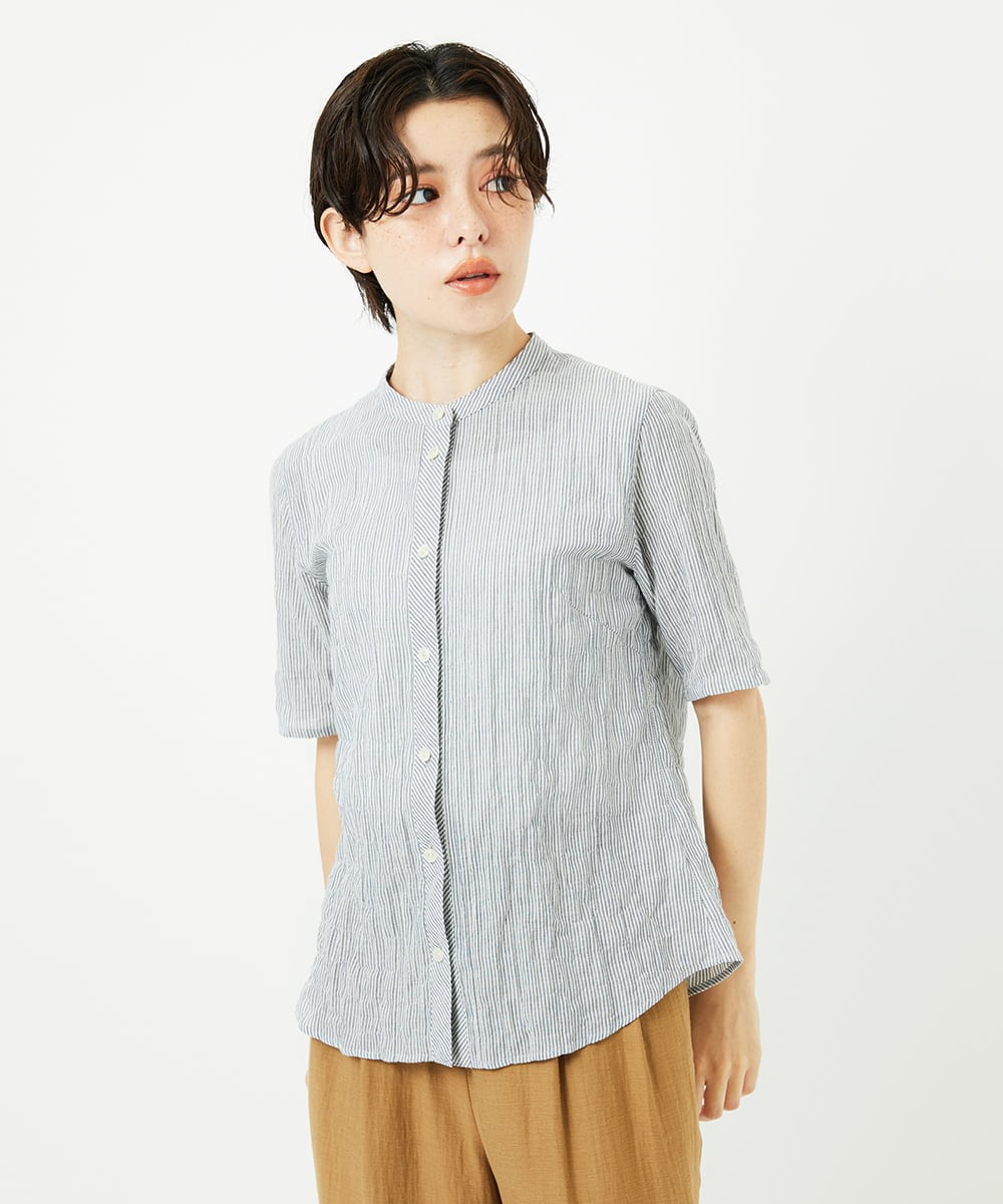 NHBJC81200 GIANNI LO GIUDICE(小さいサイズ)(メゾン ドゥ サンク) オーガニックコットン半袖ブラウス ストライプ