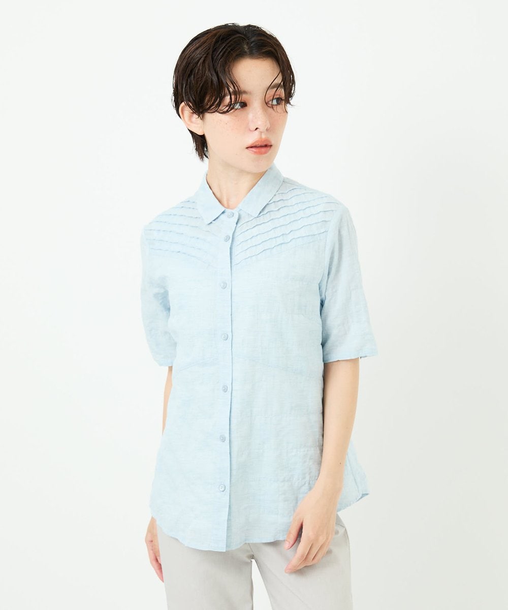 NHBJC82200 GIANNI LO GIUDICE(小さいサイズ)(メゾン ドゥ サンク) コットンリネンドット柄ピンタック半袖ブラウス ライトブルー