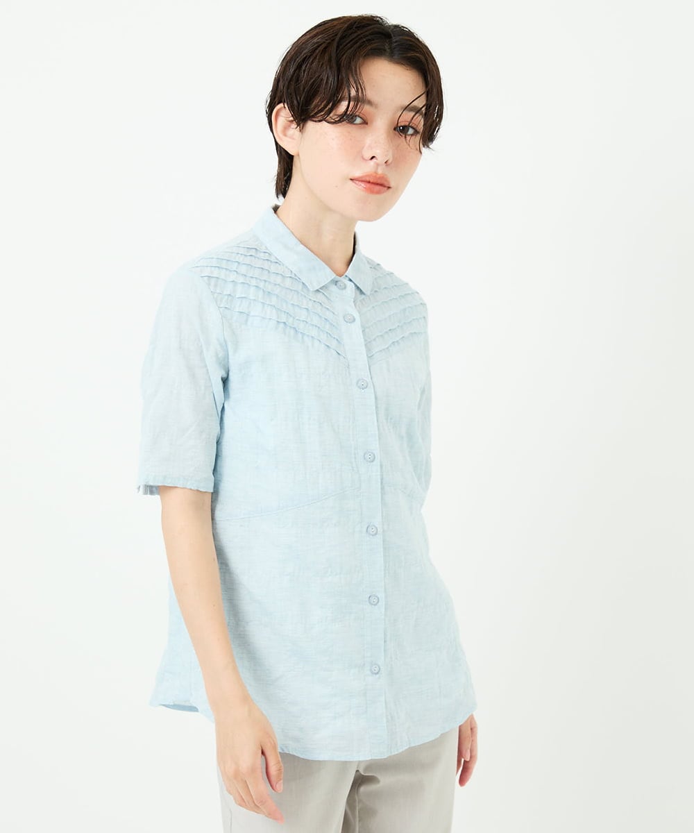 NHBJC82200 GIANNI LO GIUDICE(小さいサイズ)(メゾン ドゥ サンク) コットンリネンドット柄ピンタック半袖ブラウス ライトブルー