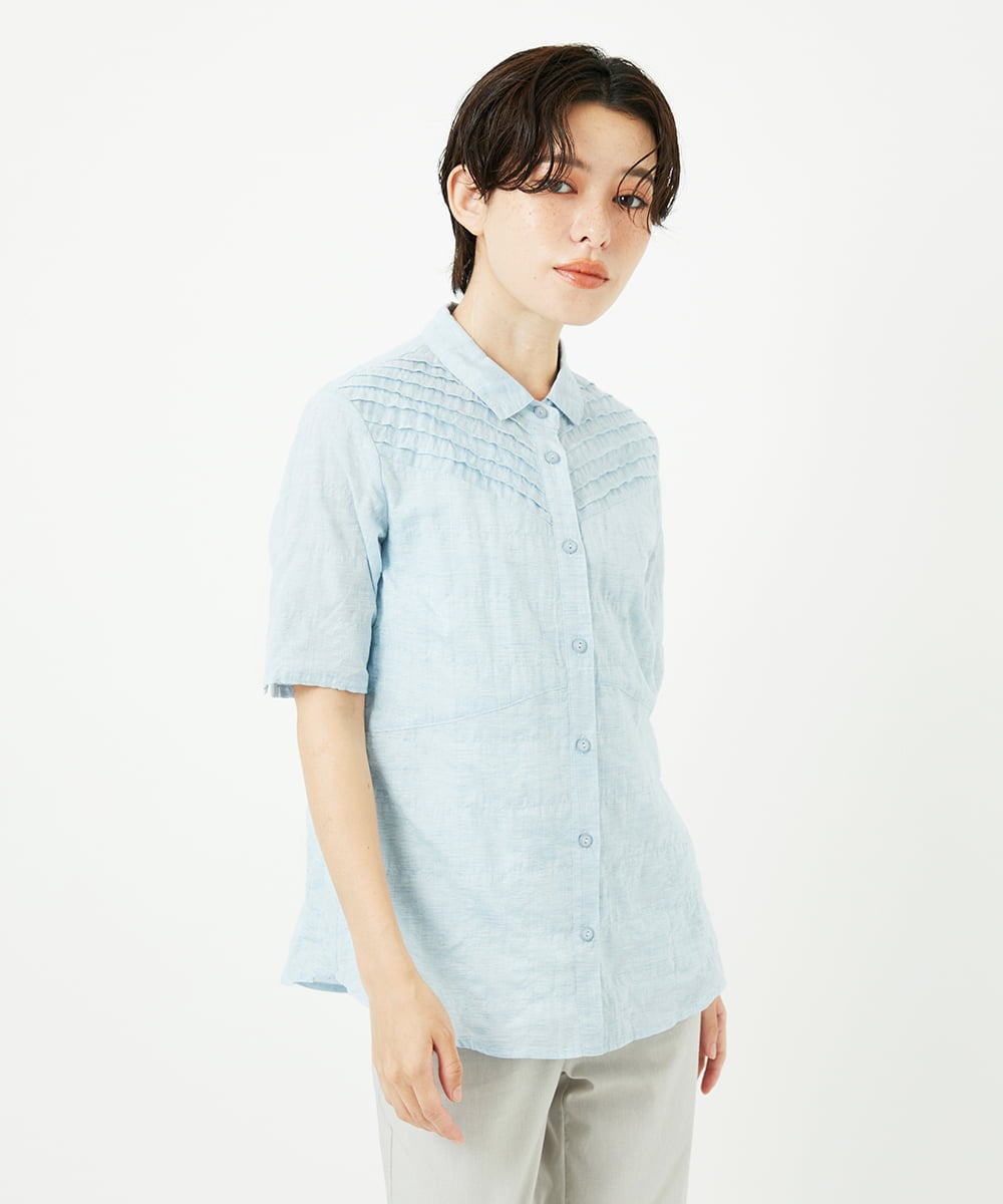 NHBJC82200 GIANNI LO GIUDICE(小さいサイズ)(メゾン ドゥ サンク) コットンリネンドット柄ピンタック半袖ブラウス ライトブルー