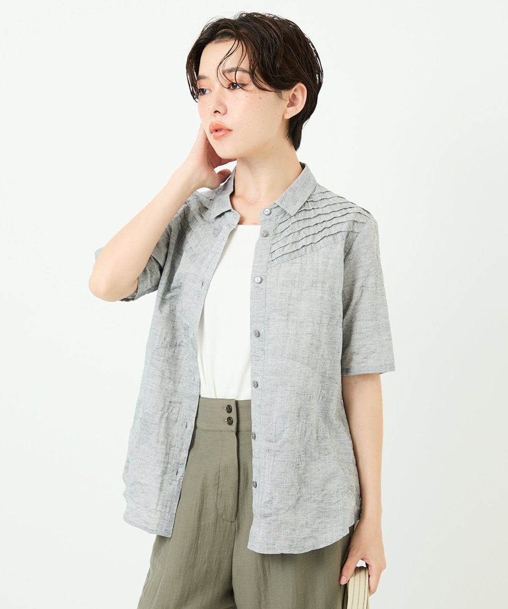 NHBJC82200 GIANNI LO GIUDICE(小さいサイズ)(メゾン ドゥ サンク) コットンリネンドット柄ピンタック半袖ブラウス ライトブルー