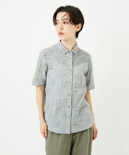 NHBJC82200 GIANNI LO GIUDICE(小さいサイズ)(メゾン ドゥ サンク) コットンリネンドット柄ピンタック半袖ブラウス ライトブルー