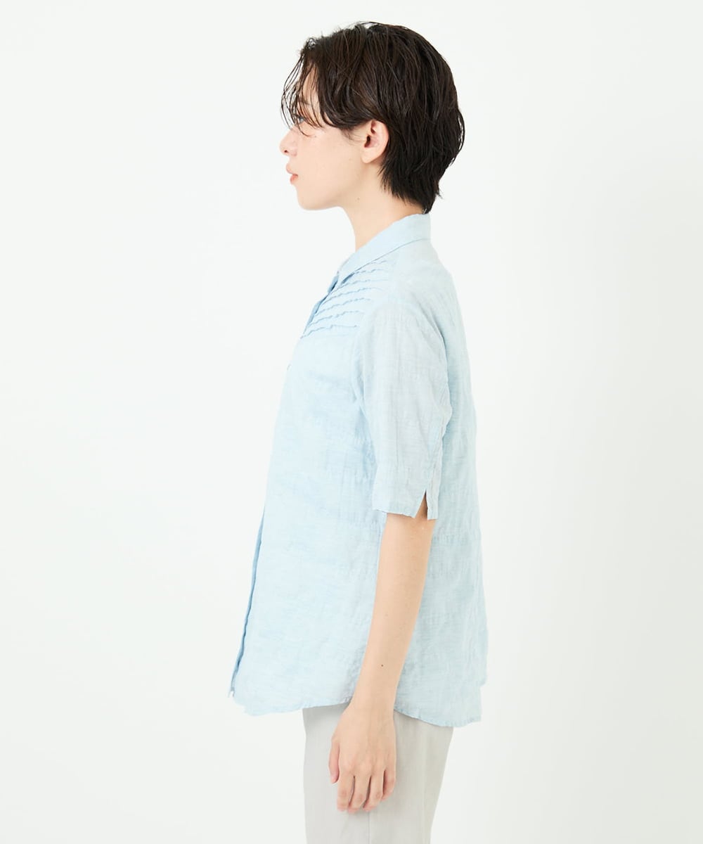 NHBJC82200 GIANNI LO GIUDICE(小さいサイズ)(メゾン ドゥ サンク) コットンリネンドット柄ピンタック半袖ブラウス ライトブルー