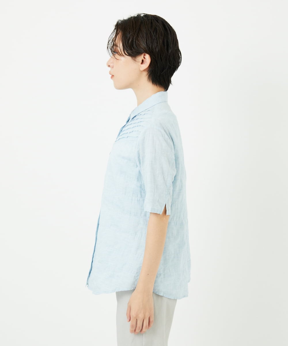 NHBJC82200 GIANNI LO GIUDICE(小さいサイズ)(メゾン ドゥ サンク) コットンリネンドット柄ピンタック半袖ブラウス ライトブルー