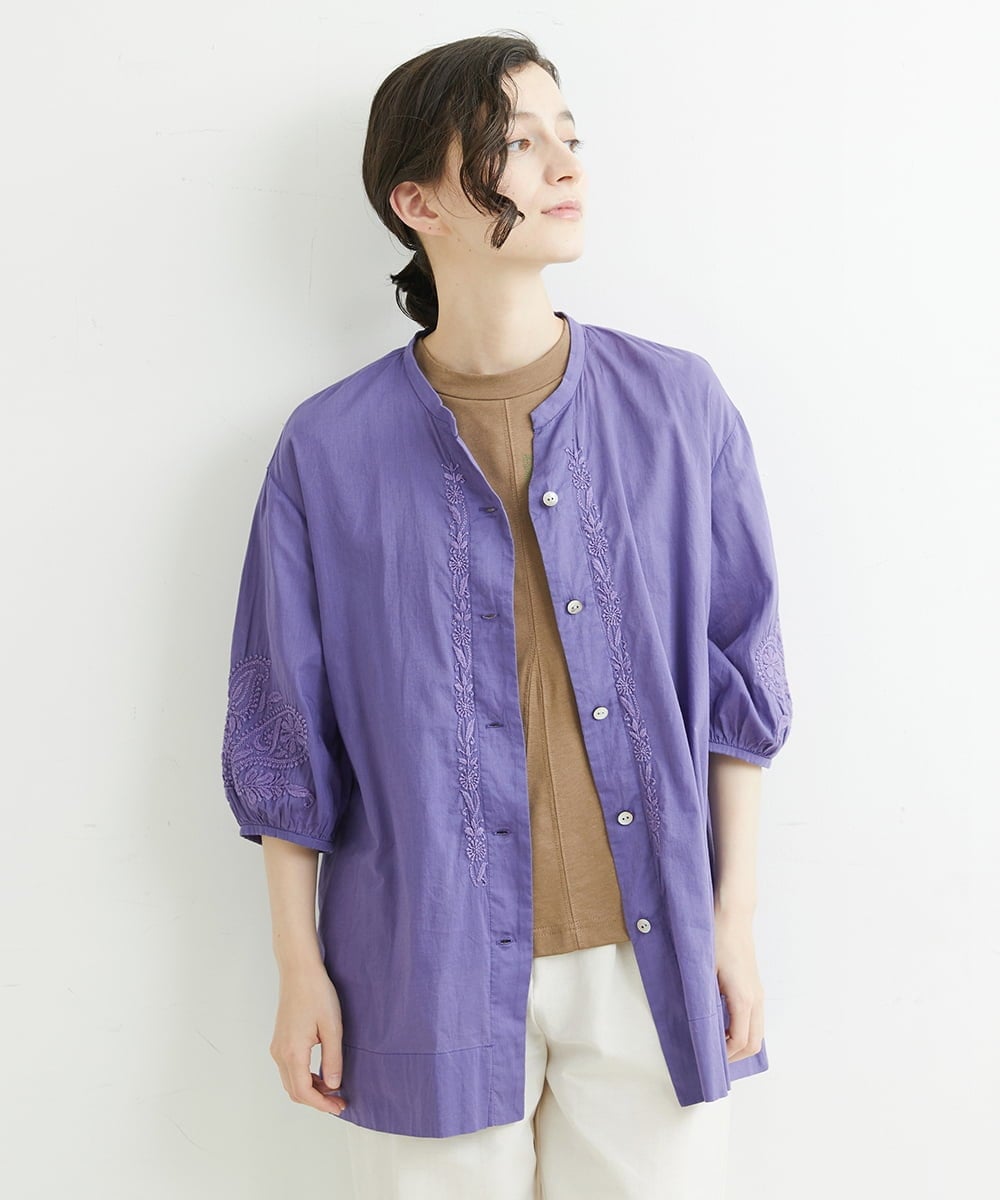 NHBJT20270 GIANNI LO GIUDICE(小さいサイズ)(メゾン ドゥ サンク) ラクナウ手刺繍ノーカラーブラウス イエローグリーン