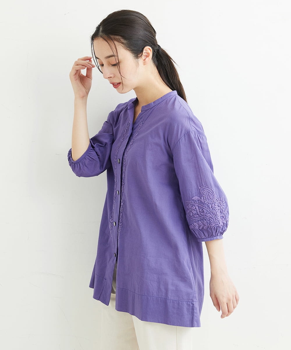 NHBJT20270 GIANNI LO GIUDICE(小さいサイズ)(メゾン ドゥ サンク) ラクナウ手刺繍ノーカラーブラウス イエローグリーン