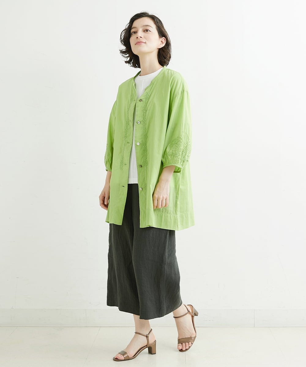 NHBJT20270 GIANNI LO GIUDICE(小さいサイズ)(メゾン ドゥ サンク) ラクナウ手刺繍ノーカラーブラウス イエローグリーン