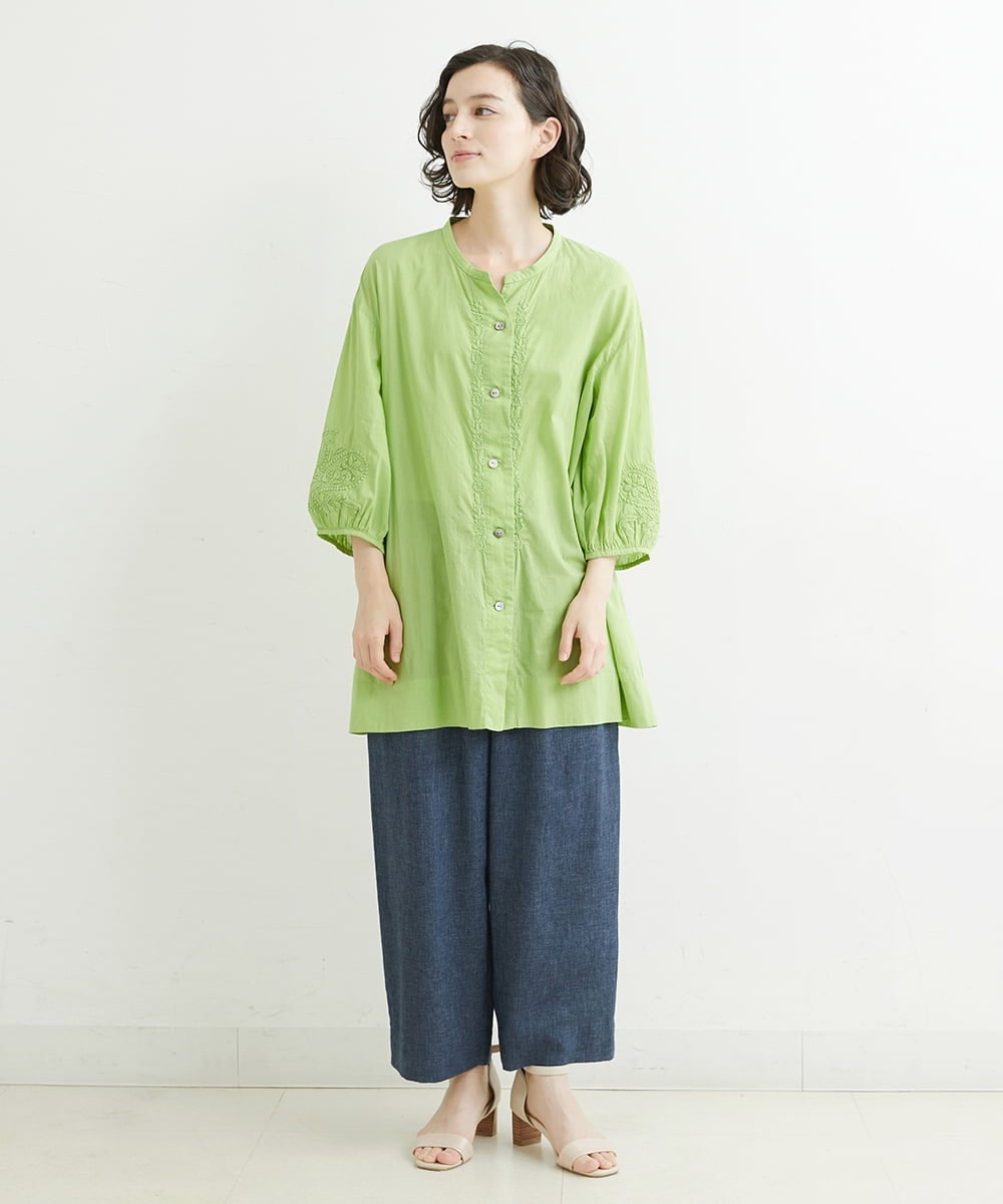 NHBJT20270 GIANNI LO GIUDICE(小さいサイズ)(メゾン ドゥ サンク) ラクナウ手刺繍ノーカラーブラウス イエローグリーン