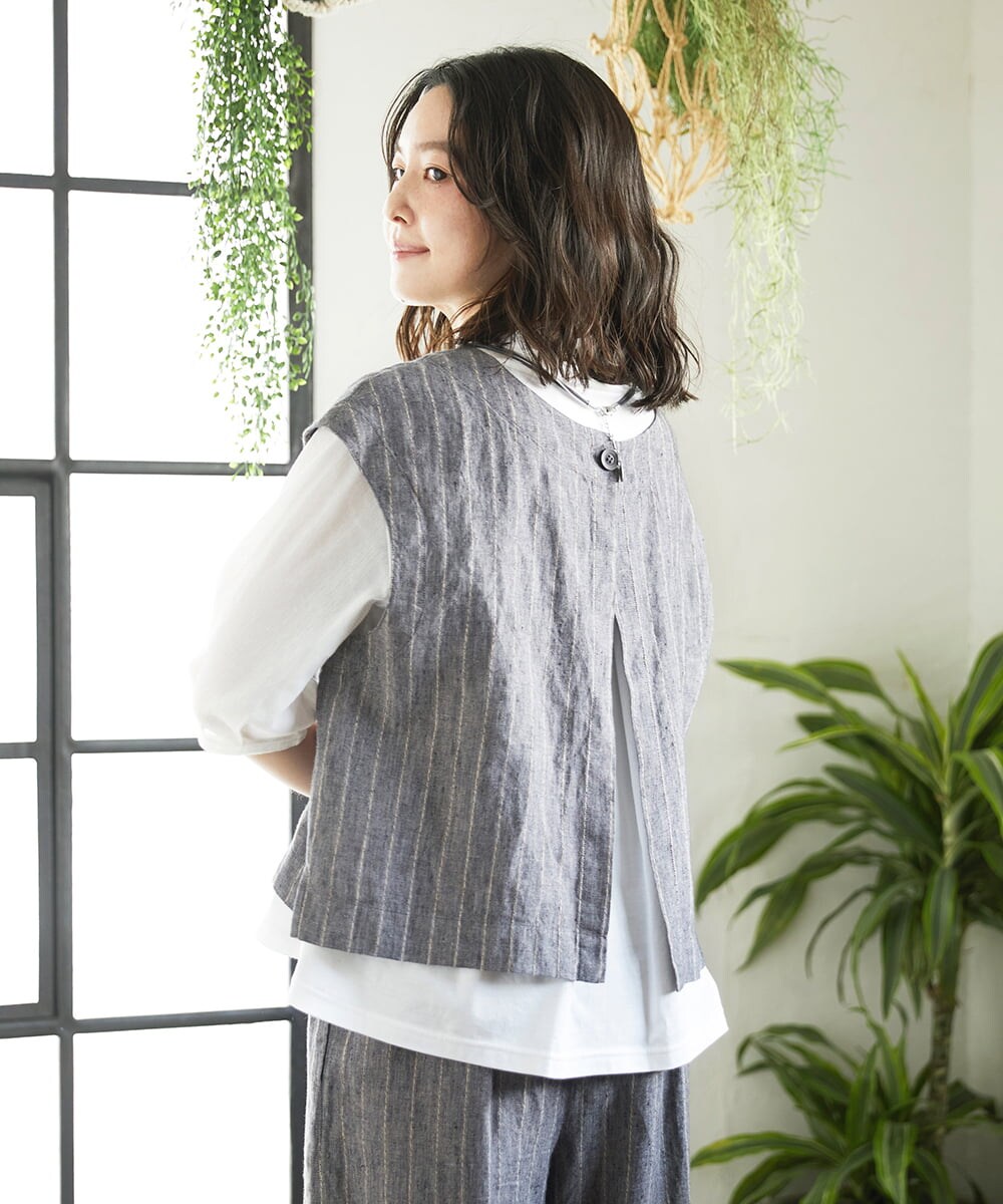 NHDGE51300 GIANNI LO GIUDICE(小さいサイズ)(メゾン ドゥ サンク) [セットアップ対応]リネンステッチストライプベスト ブラック