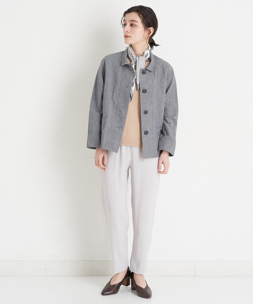 NHDGT30390 GIANNI LO GIUDICE(小さいサイズ)(メゾン ドゥ サンク) [セットアップ対応/洗える]リネンコットン千鳥柄ブラウスジャケット ネイビー