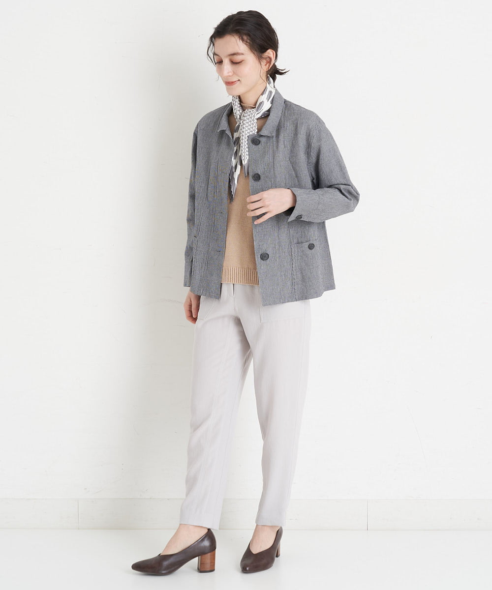 NHDGT30390 GIANNI LO GIUDICE(小さいサイズ)(メゾン ドゥ サンク) [セットアップ対応/洗える]リネンコットン千鳥柄ブラウスジャケット ネイビー