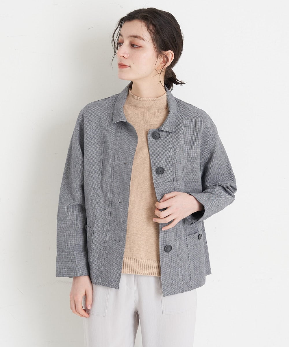 NHDGT30390 GIANNI LO GIUDICE(小さいサイズ)(メゾン ドゥ サンク) [セットアップ対応/洗える]リネンコットン千鳥柄ブラウスジャケット ネイビー