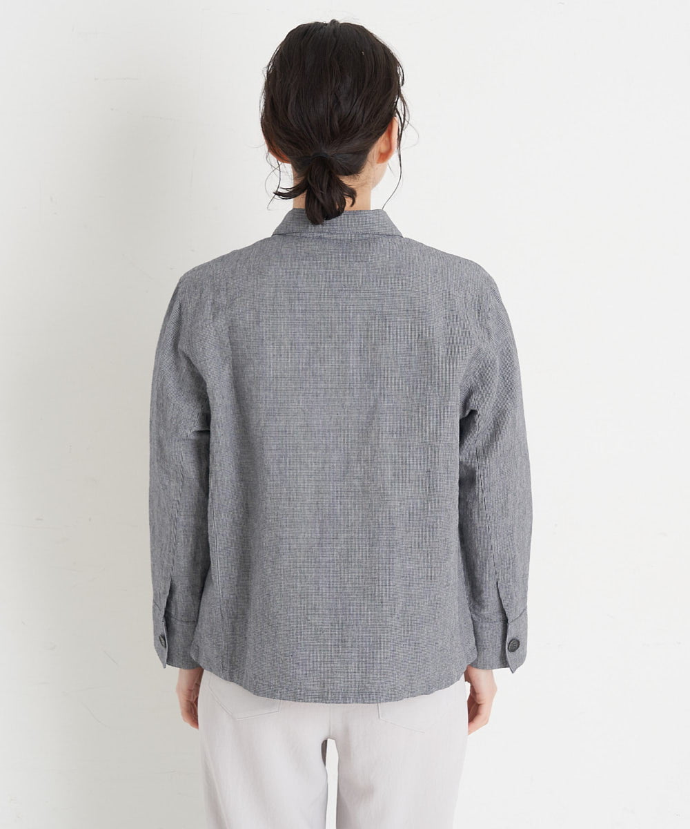 NHDGT30390 GIANNI LO GIUDICE(小さいサイズ)(メゾン ドゥ サンク) [セットアップ対応/洗える]リネンコットン千鳥柄ブラウスジャケット ネイビー