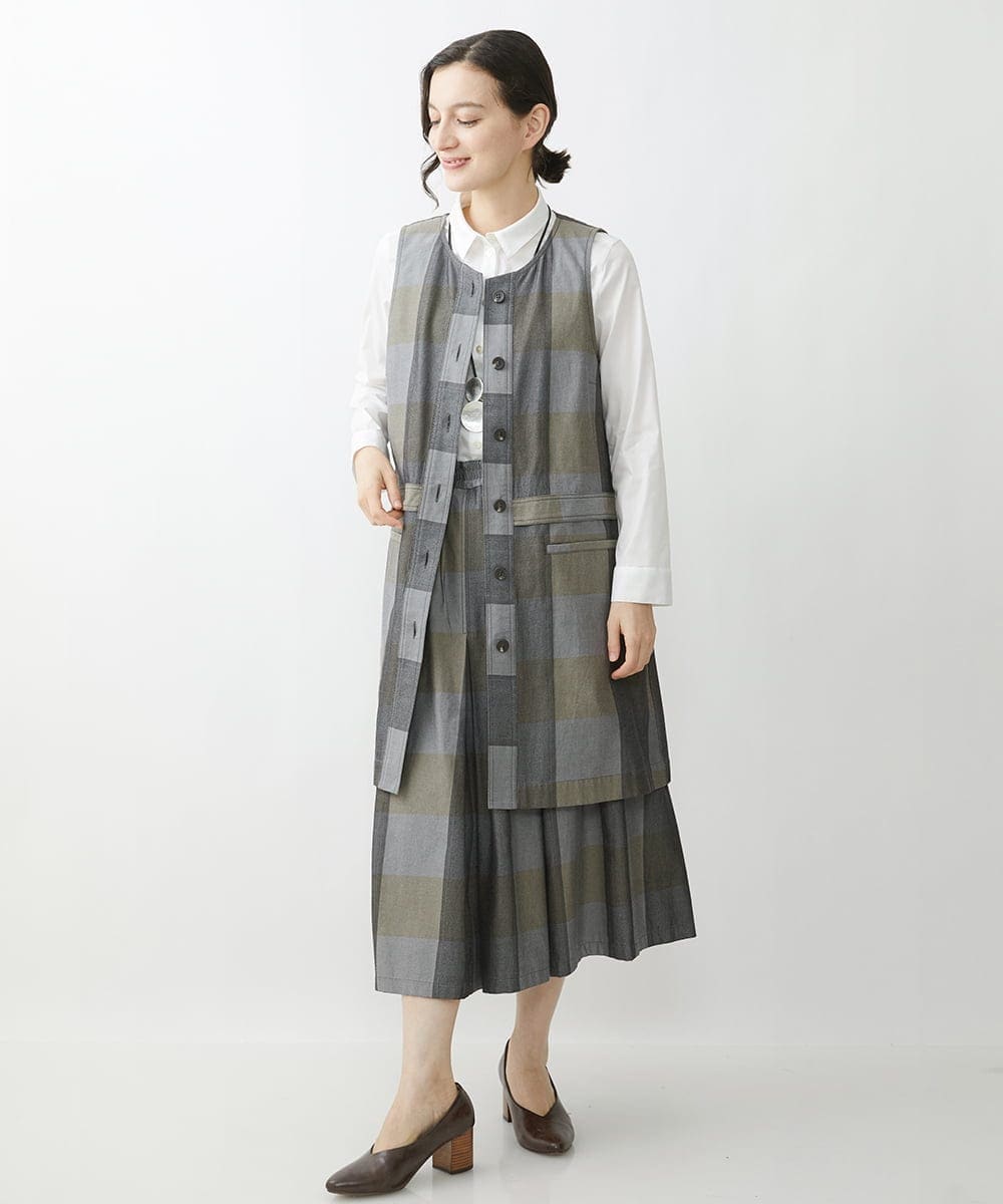 NHDJU21390 GIANNI LO GIUDICE(小さいサイズ)(メゾン ドゥ サンク) 先染めチェックギャバジンロングジレ グレー系
