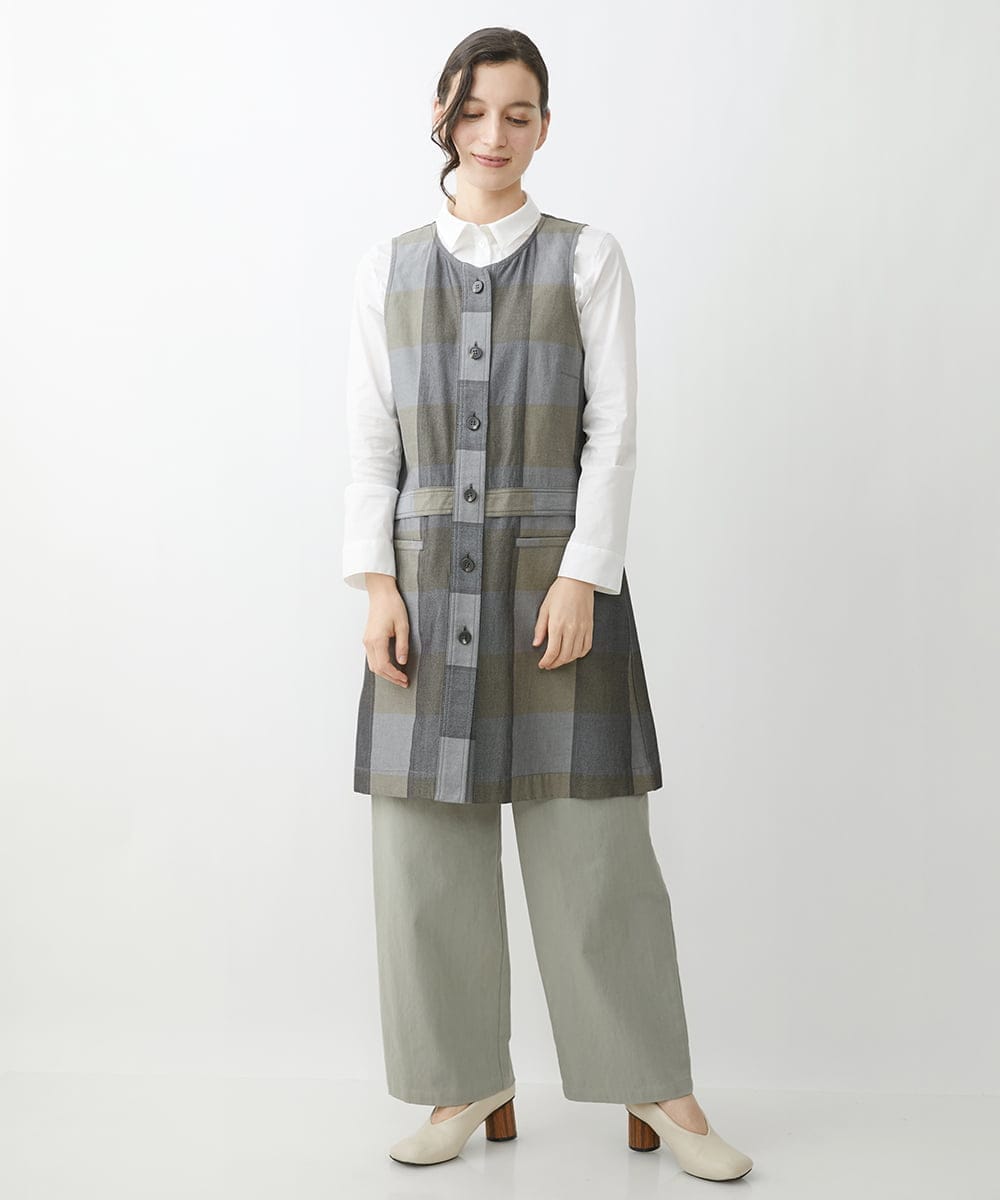 NHDJU21390 GIANNI LO GIUDICE(小さいサイズ)(メゾン ドゥ サンク) 先染めチェックギャバジンロングジレ グレー系