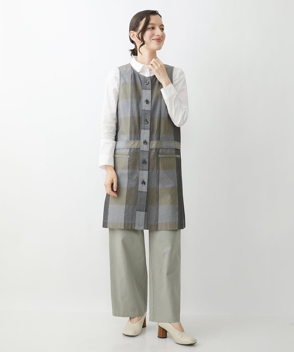 NHDJU21390 GIANNI LO GIUDICE(小さいサイズ)(メゾン ドゥ サンク) 先染めチェックギャバジンロングジレ グレー系