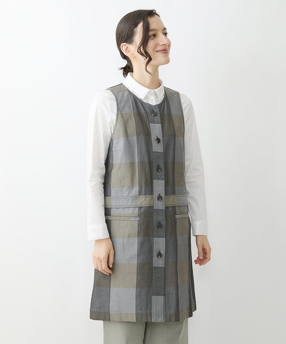 NHDJU21390 GIANNI LO GIUDICE(小さいサイズ)(メゾン ドゥ サンク) 先染めチェックギャバジンロングジレ グレー系