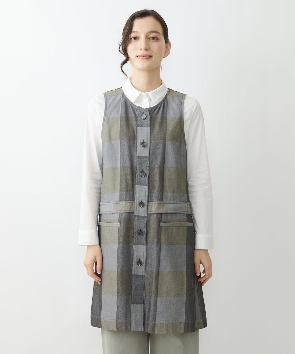 NHDJU21390 GIANNI LO GIUDICE(小さいサイズ)(メゾン ドゥ サンク) 先染めチェックギャバジンロングジレ グレー系