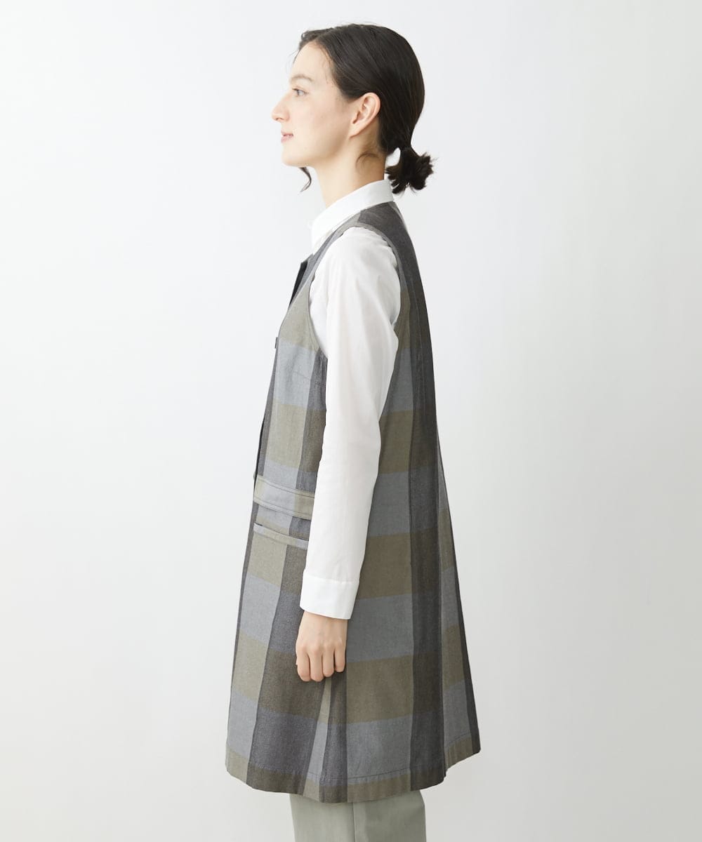 NHDJU21390 GIANNI LO GIUDICE(小さいサイズ)(メゾン ドゥ サンク) 先染めチェックギャバジンロングジレ グレー系