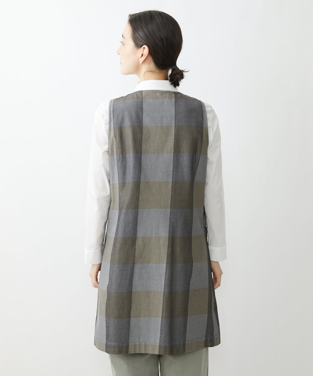 NHDJU21390 GIANNI LO GIUDICE(小さいサイズ)(メゾン ドゥ サンク) 先染めチェックギャバジンロングジレ グレー系