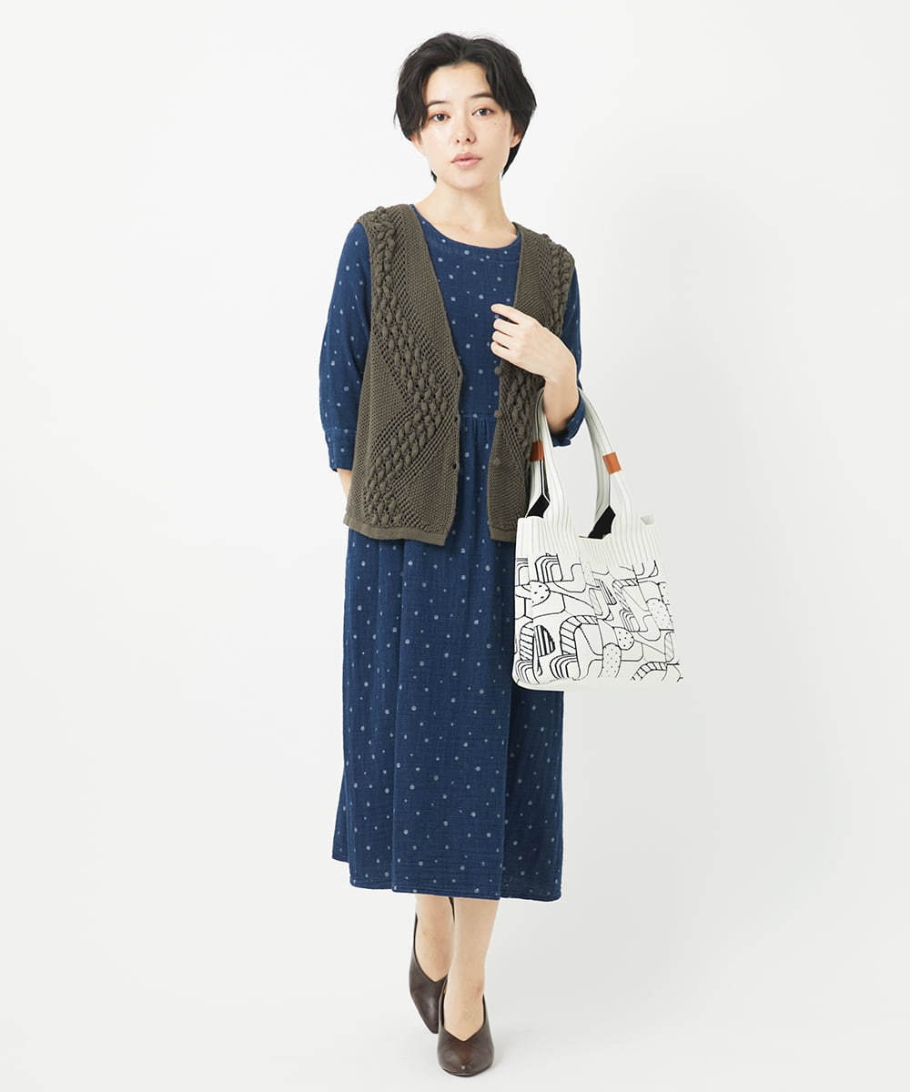 NHEEC80390 GIANNI LO GIUDICE(小さいサイズ)(メゾン ドゥ サンク) 二重織ガーゼデニムドットワンピース ネイビー