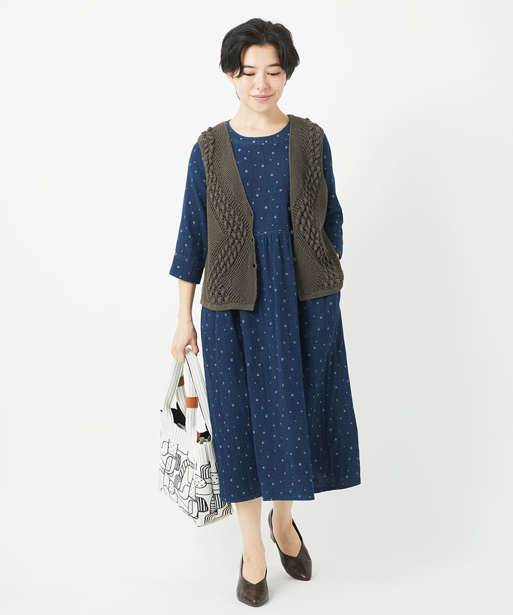 NHEEC80390 GIANNI LO GIUDICE(小さいサイズ)(メゾン ドゥ サンク) 二重織ガーゼデニムドットワンピース ネイビー