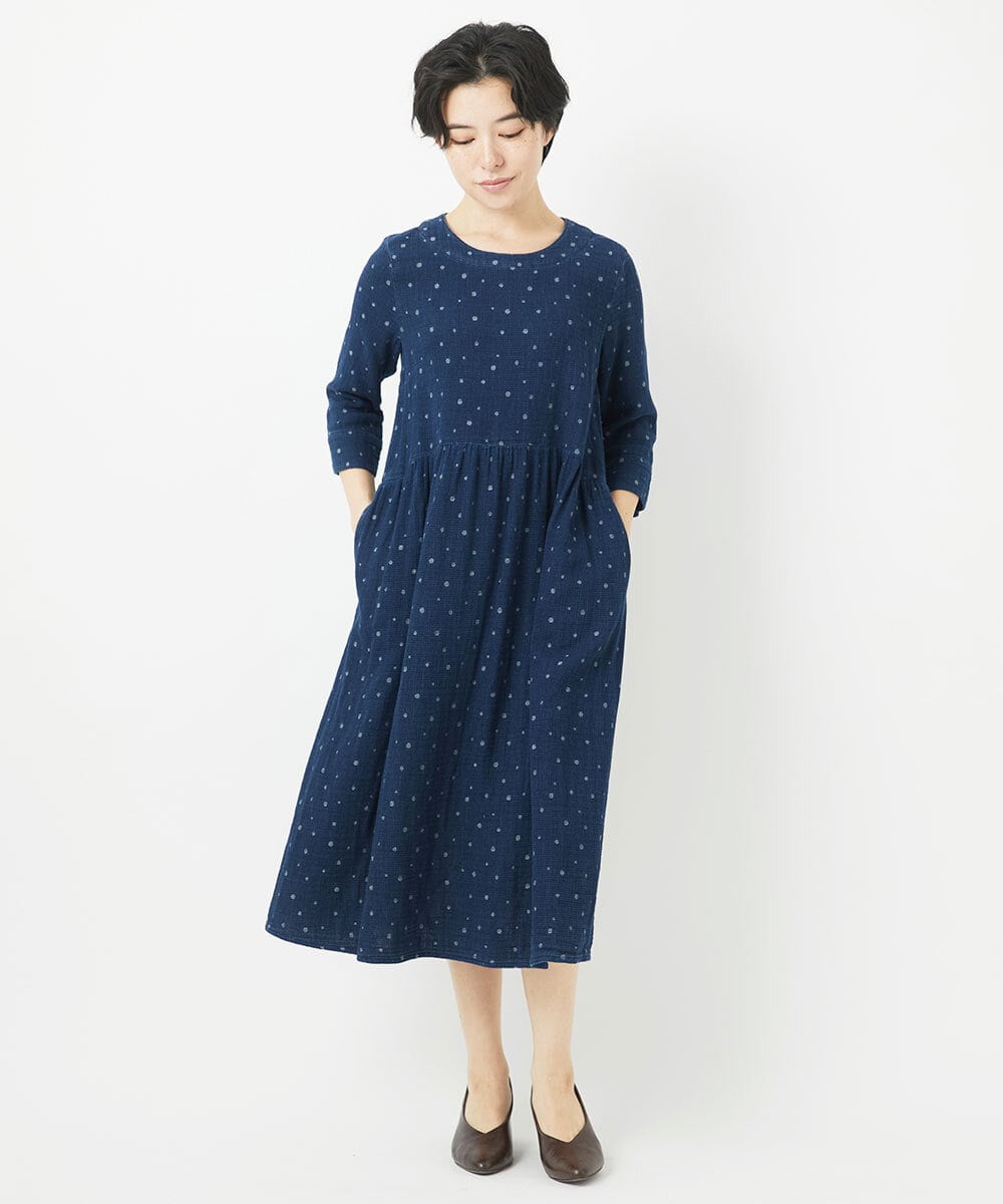 NHEEC80390 GIANNI LO GIUDICE(小さいサイズ)(メゾン ドゥ サンク) 二重織ガーゼデニムドットワンピース ネイビー